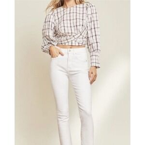 Veronica Beard Nyla White Plaid Top Womens Size 2 Wrap Ballon Sleeve Cropped